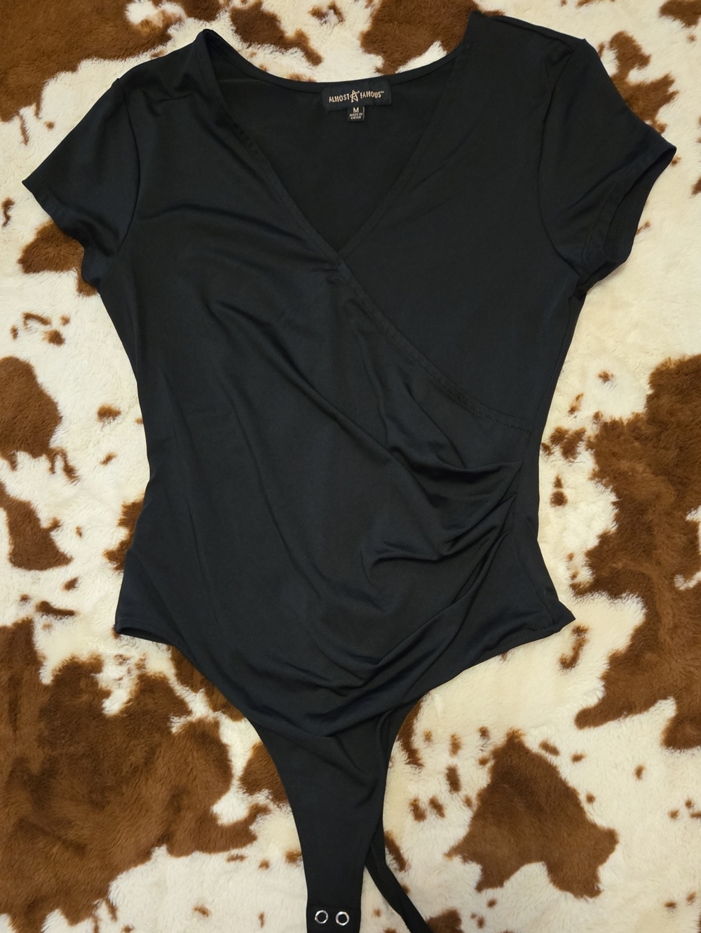 Almost Famous Black Wrap Bodysuit with Short Sleeves